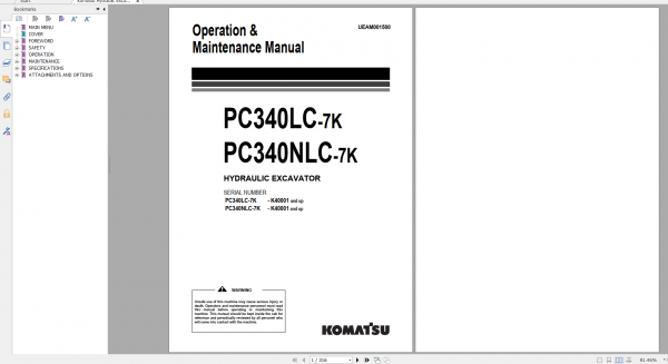 Komatsu Hydraulic Excavator PC340LC 7K PC340NLC 7K Operation Maintenance Manual UEAD001500
