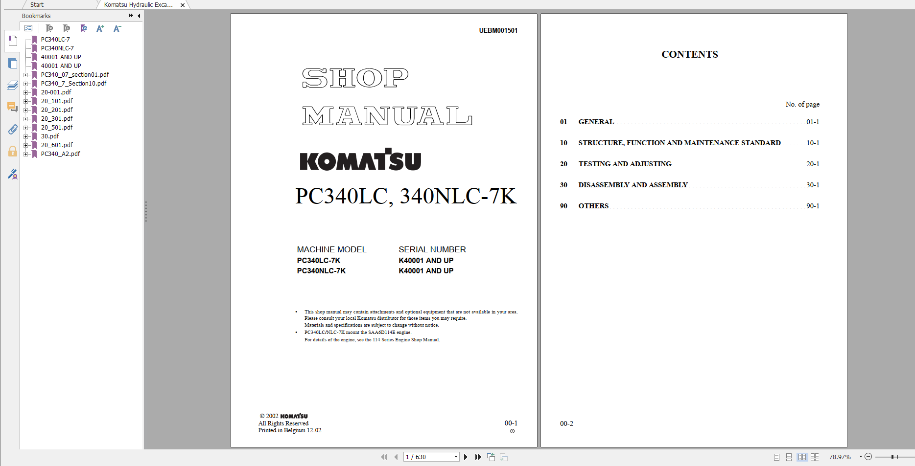Komatsu Hydraulic Excavator PC340LC 7K PC340NLC 7K Shop Manual UEBM001501 2002