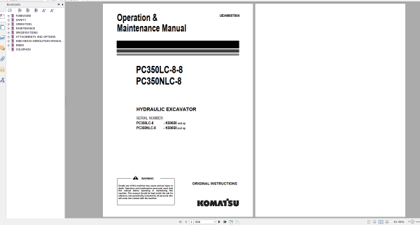 Komatsu Hydraulic Excavator PC350LC 8 8 PC350NLC 8 Operation Maintenance Manual UEAM007004 2008