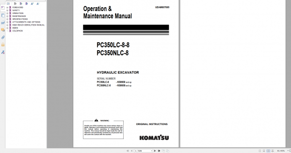 Komatsu Hydraulic Excavator PC350LC 8 8 PC350NLC 8 Operation Maintenance Manual UEAM007005 2009