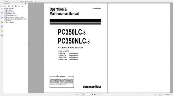 Komatsu Hydraulic Excavator PC350LC 8 PC350NLC 8 Operation Maintenance Manual UEAM007002 2007