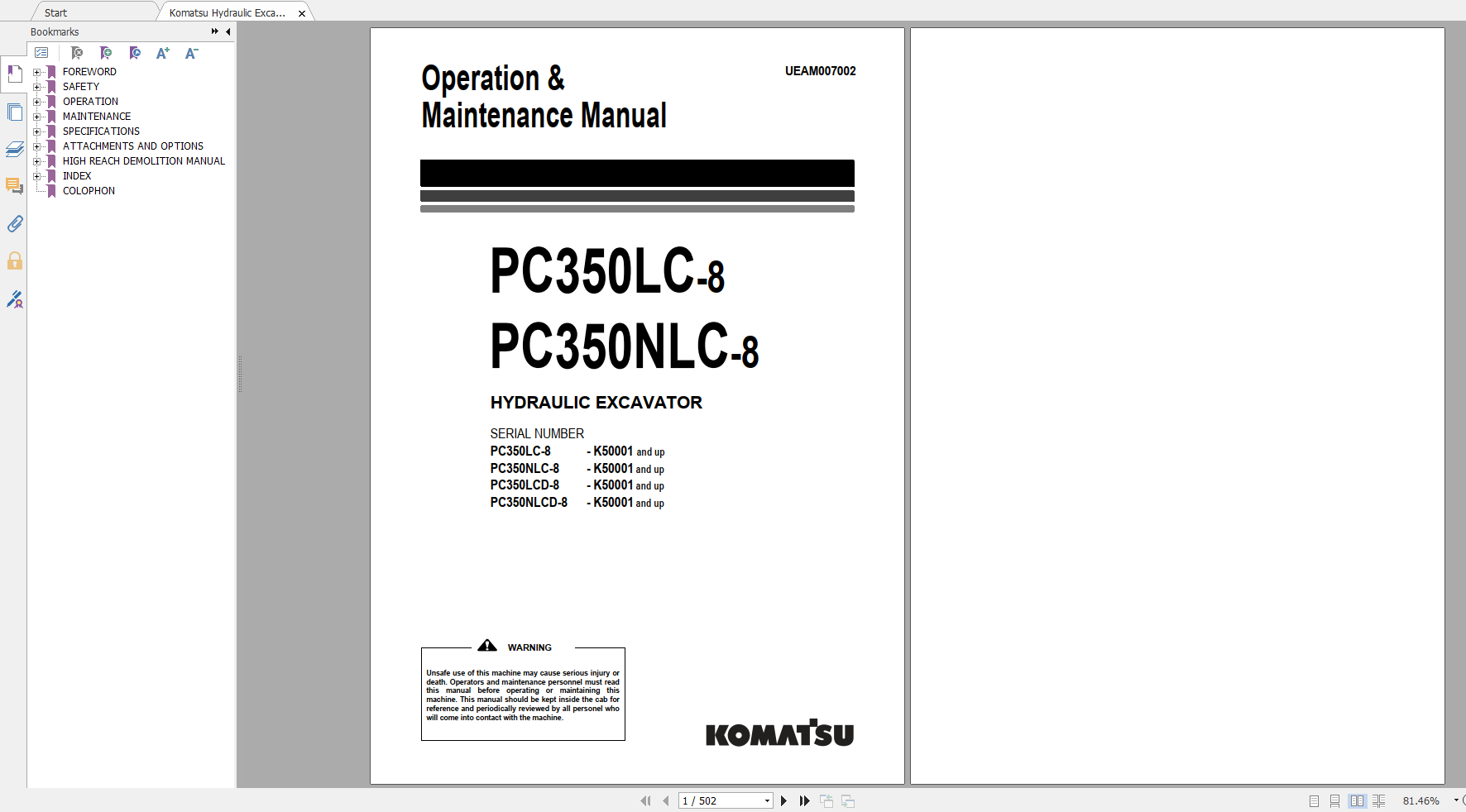 Komatsu Hydraulic Excavator PC350LC 8 PC350NLC 8 Operation Maintenance Manual UEAM007002 2007