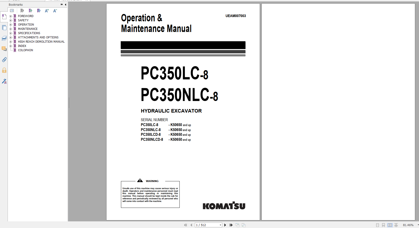 Komatsu Hydraulic Excavator PC350LC 8 PC350NLC 8 Operation Maintenance Manual UEAM007003 2008