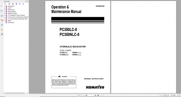 Komatsu Hydraulic Excavator PC350LC 8 PC350NLC 8 Operation Maintenance Manual UEAM007006 2009
