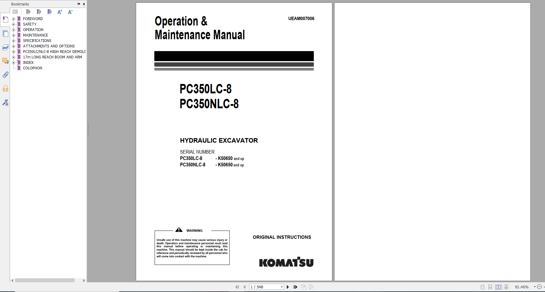 Komatsu Hydraulic Excavator PC350LC 8 PC350NLC 8 Operation Maintenance Manual UEAM007006 2009