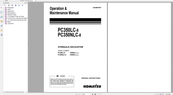 Komatsu Hydraulic Excavator PC350LC 8 PC350NLC 8 Operation Maintenance Manual UEAM007007 2009
