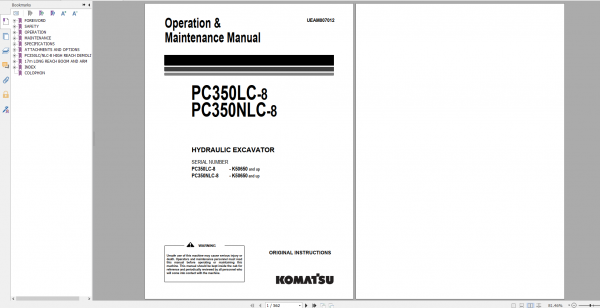Komatsu Hydraulic Excavator PC350LC 8 PC350NLC 8 Operation Maintenance Manual UEAM007012 2012