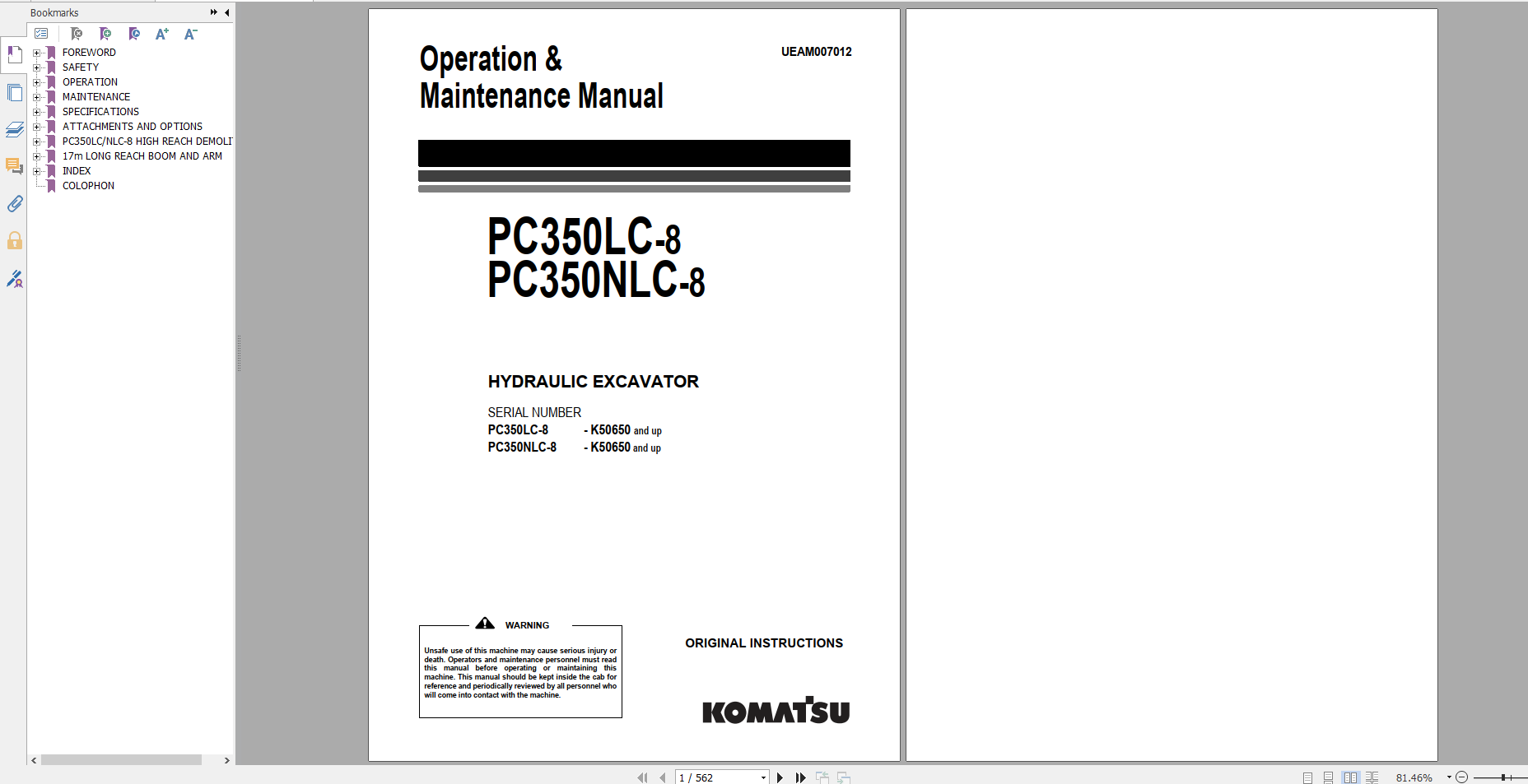 Komatsu Hydraulic Excavator PC350LC 8 PC350NLC 8 Operation Maintenance Manual UEAM007012 2012