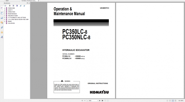 Komatsu Hydraulic Excavator PC350LC 8 PC350NLC 8 Operation Maintenance Manual UEAM007013 2017