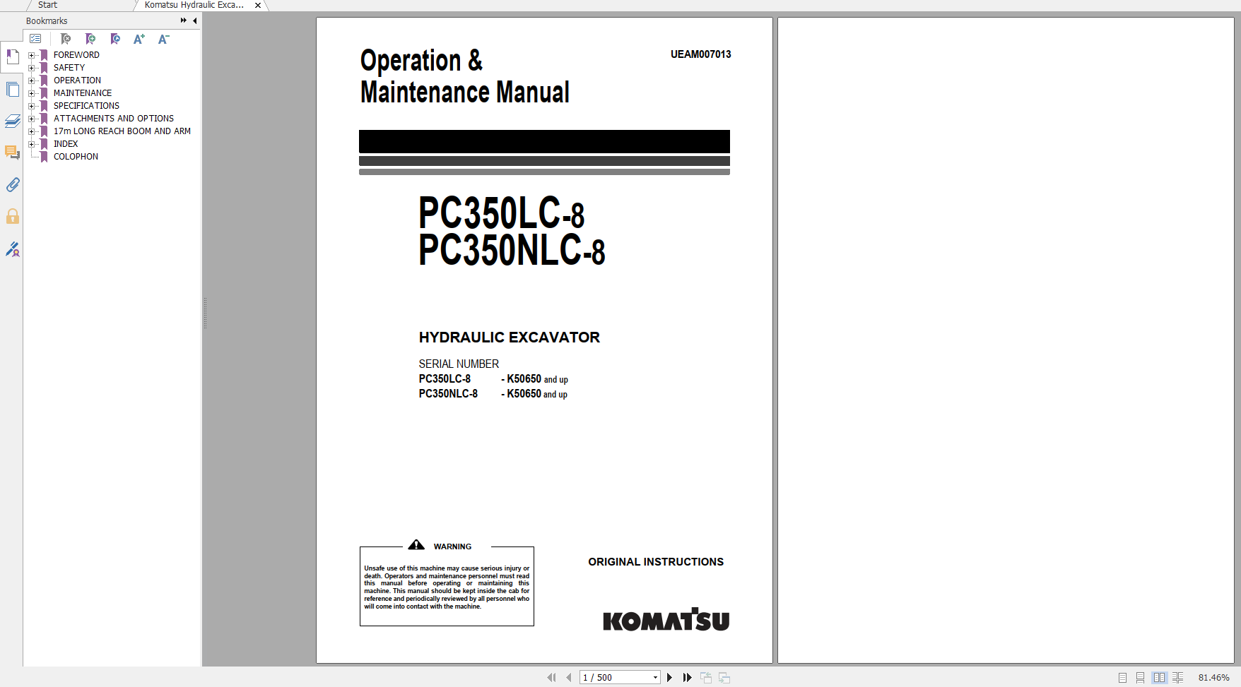 Komatsu Hydraulic Excavator PC350LC 8 PC350NLC 8 Operation Maintenance Manual UEAM007013 2017