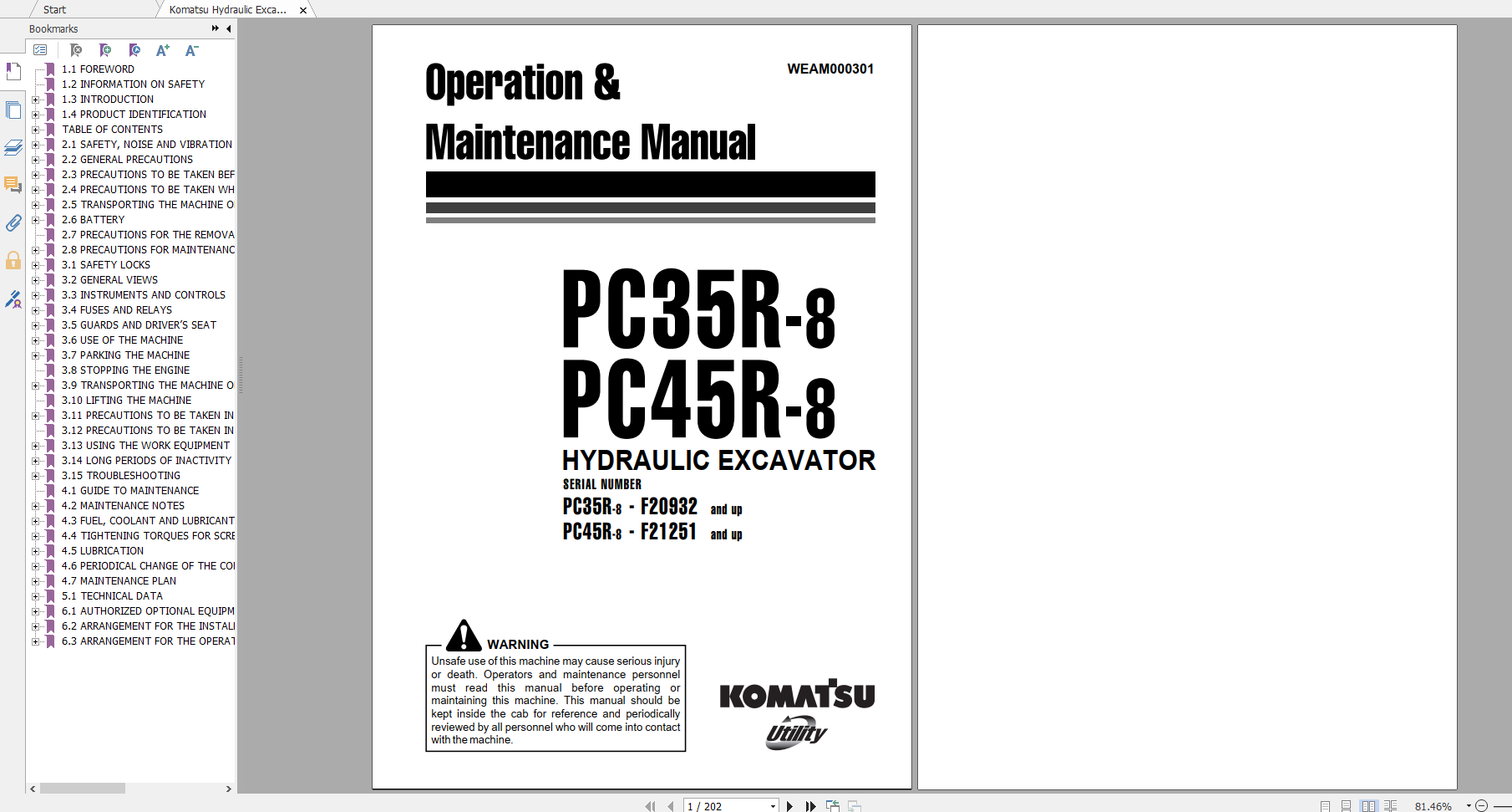 Komatsu Hydraulic Excavator PC35R 8 PC45R 8 Operation Maintenance Manual WEAM000301