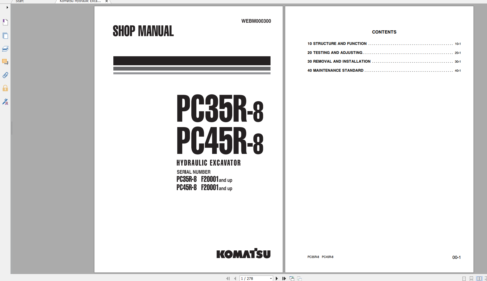 Komatsu Hydraulic Excavator PC35R 8 PC45R 8 Shop Manual WEBM000300 1999
