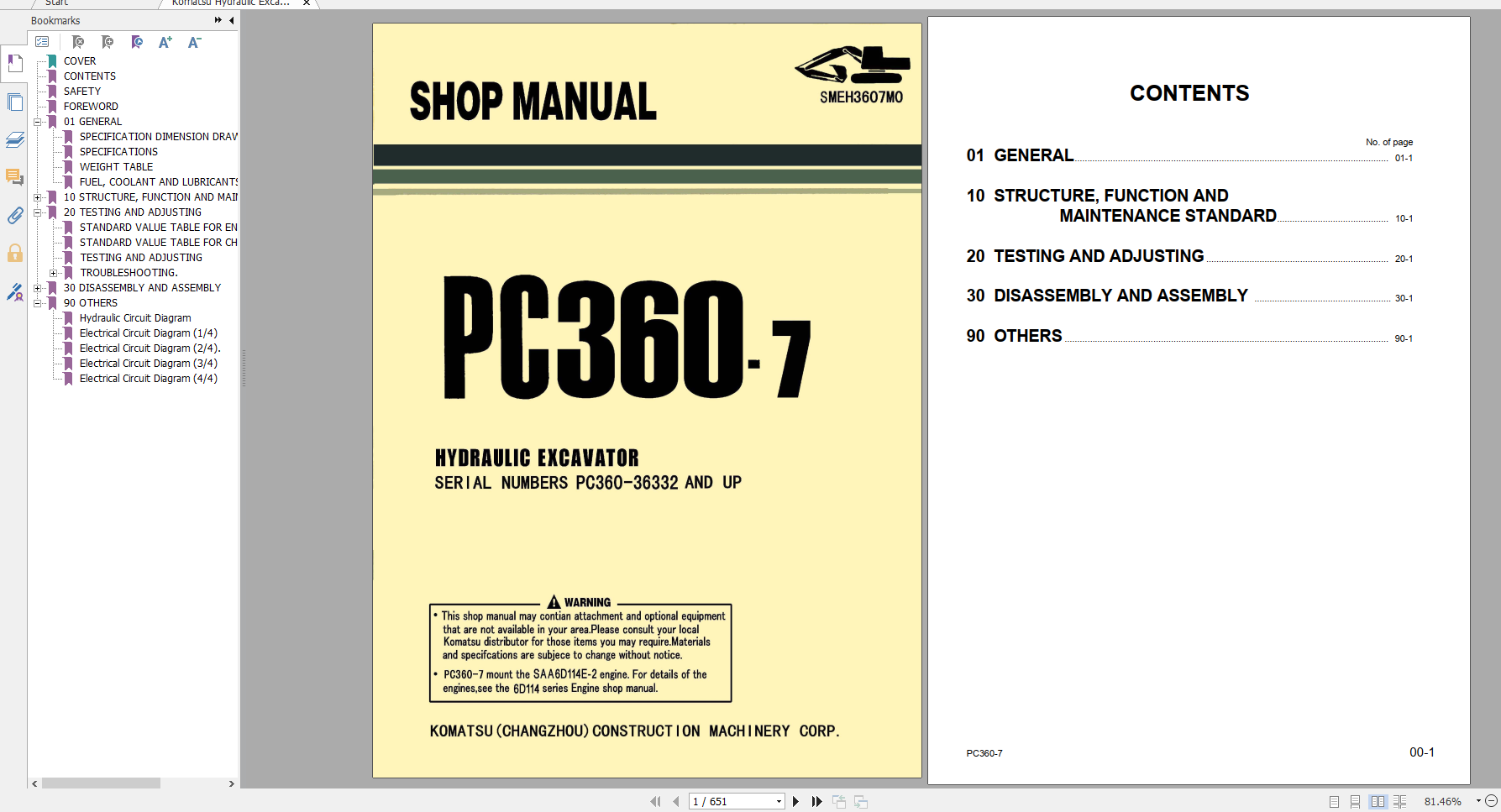 Komatsu Hydraulic Excavator PC360 7 Shop Manual SMEH3607M0