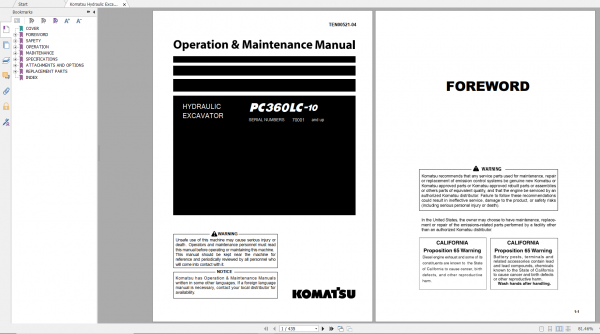 Komatsu Hydraulic Excavator PC360LC 10 Operation Maintenance Manual TEN00521 04 2015