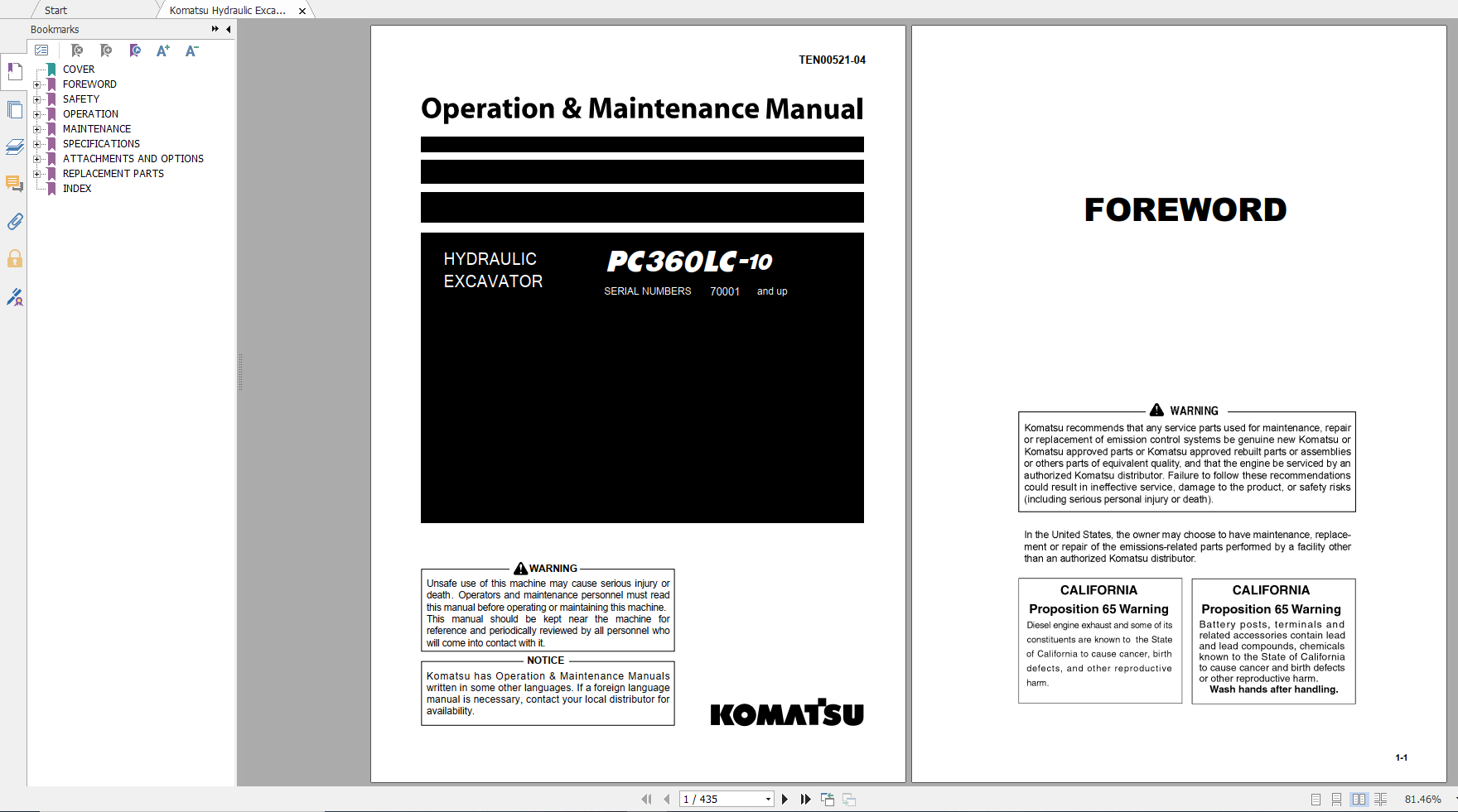 Komatsu Hydraulic Excavator PC360LC 10 Operation Maintenance Manual TEN00521 04 2015