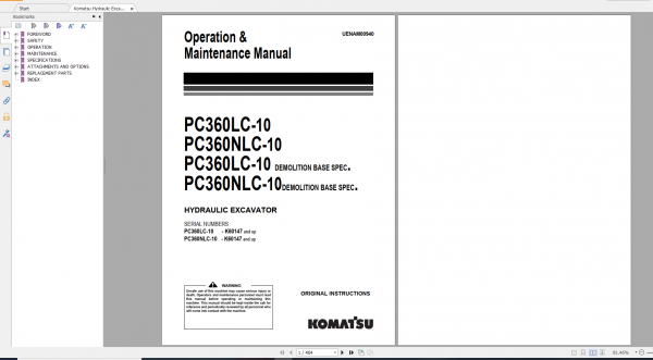 Komatsu Hydraulic Excavator PC360LC 10 PC360NLC 10 Operation Maintenance Manual UENAM009