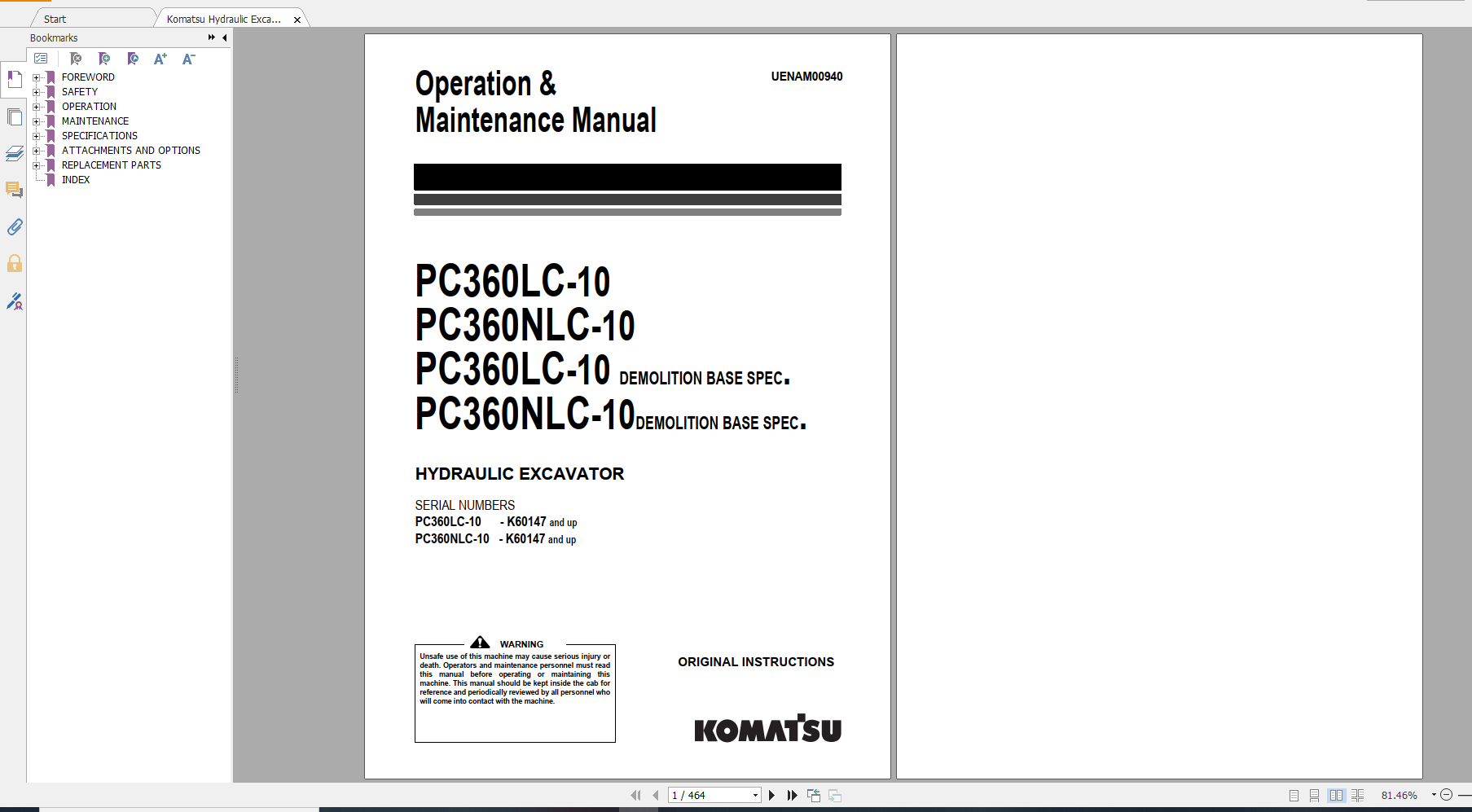 Komatsu Hydraulic Excavator PC360LC 10 PC360NLC 10 Operation Maintenance Manual UENAM009