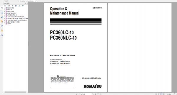 Komatsu Hydraulic Excavator PC360LC 10 PC360NLC 10 Operation Maintenance Manual UENAM00944 2016