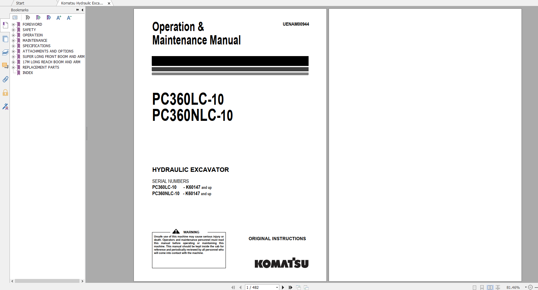 Komatsu Hydraulic Excavator PC360LC 10 PC360NLC 10 Operation Maintenance Manual UENAM00944 2016