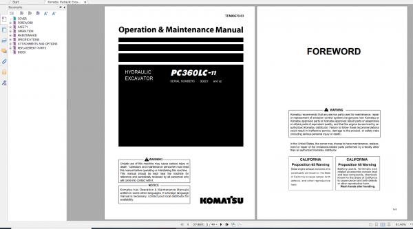 Komatsu Hydraulic Excavator PC360LC 11 Operation Maintenance Manual TEN00670 03 2014