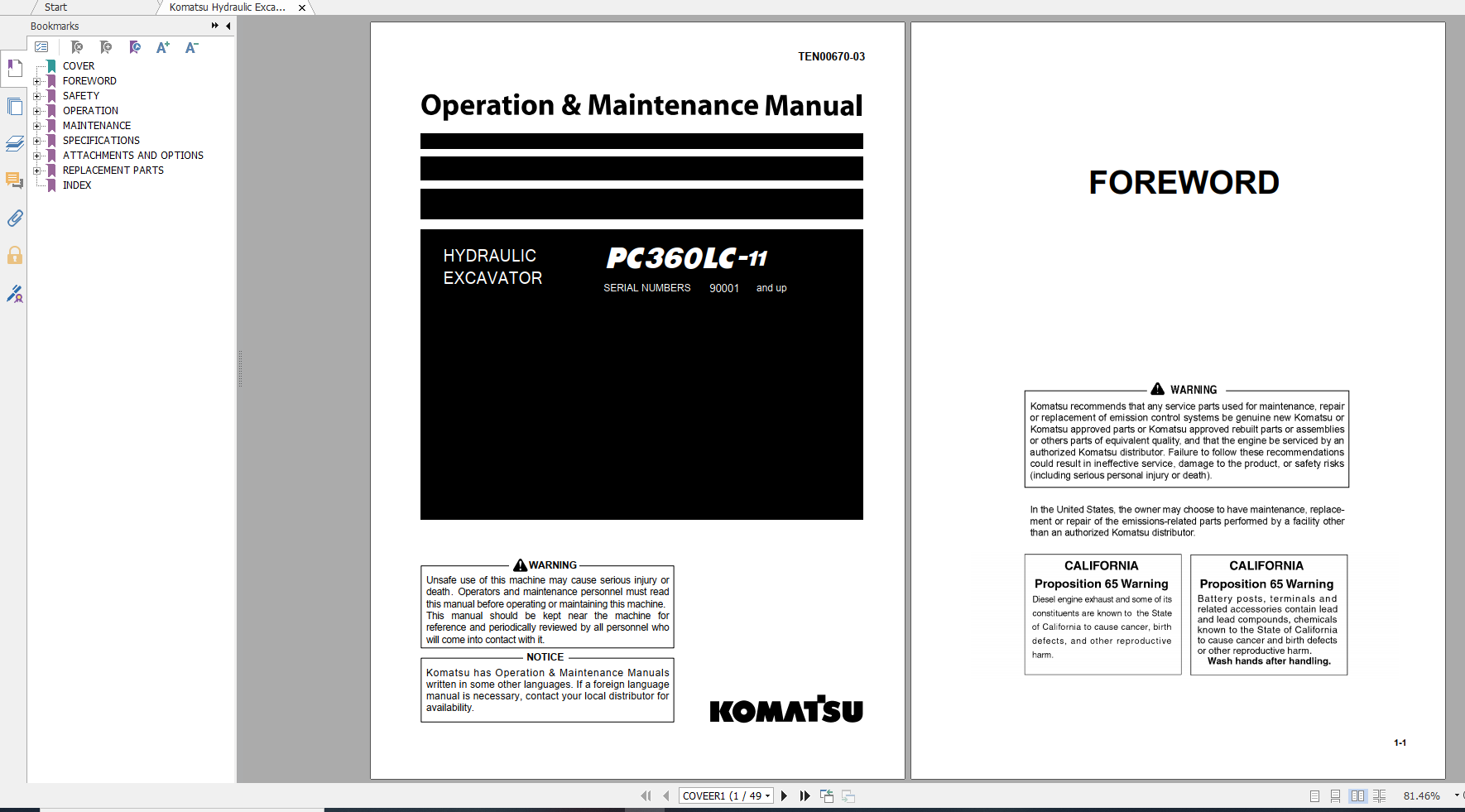 Komatsu Hydraulic Excavator PC360LC 11 Operation Maintenance Manual TEN00670 03 2014