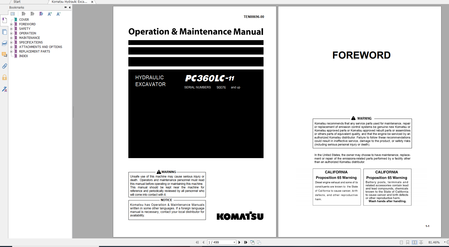 Komatsu Hydraulic Excavator PC360LC 11 Operation Maintenance Manual TEN00696 00 2015