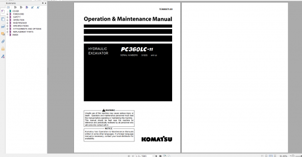 Komatsu Hydraulic Excavator PC360LC 11 Operation Maintenance Manual TEN00879 00 2019