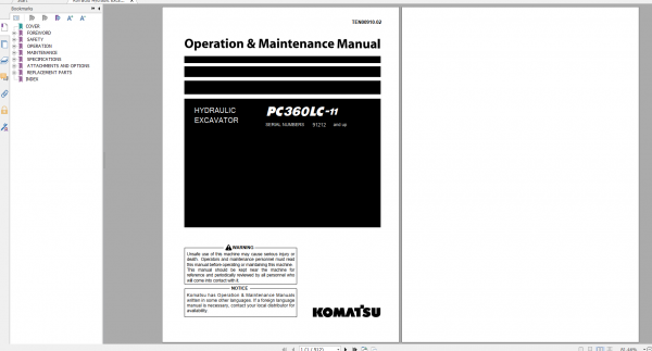 Komatsu Hydraulic Excavator PC360LC 11 Operation Maintenance Manual TEN00910 02 2020
