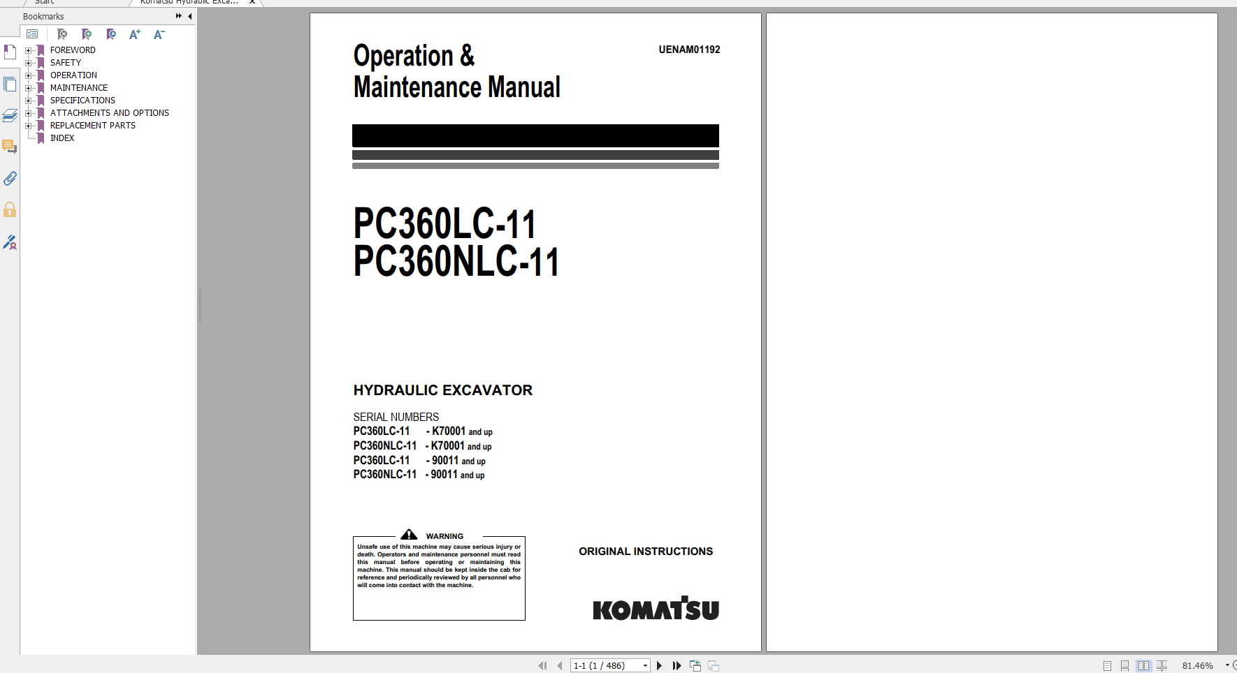 Komatsu Hydraulic Excavator PC360LC 11 PC360NLC 11 Operation Maintenance Manual UENAM01192 2016