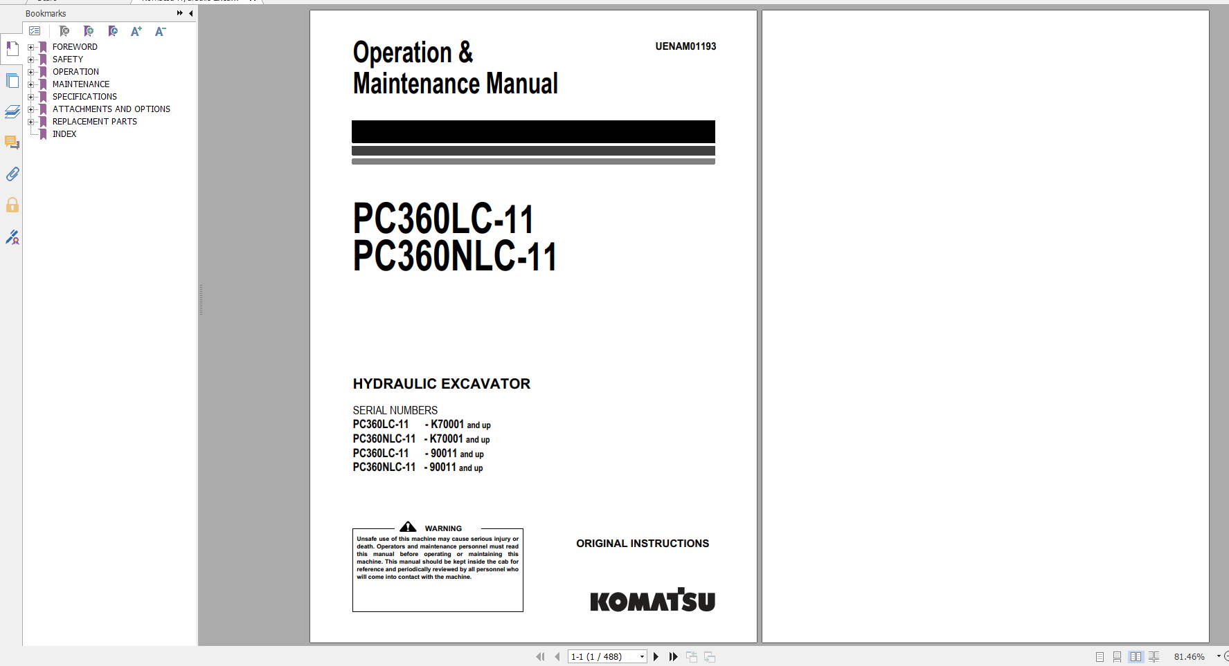 Komatsu Hydraulic Excavator PC360LC 11 PC360NLC 11 Operation Maintenance Manual UENAM01193 2016