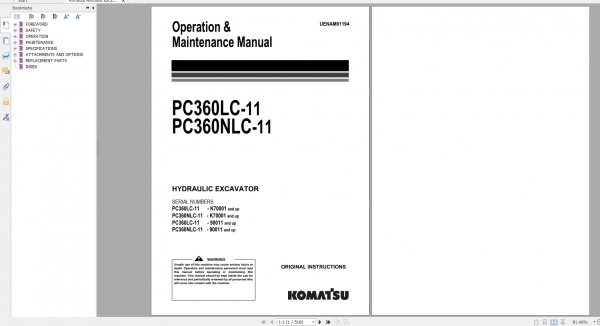 Komatsu Hydraulic Excavator PC360LC 11 PC360NLC 11 Operation Maintenance Manual UENAM01194 2017