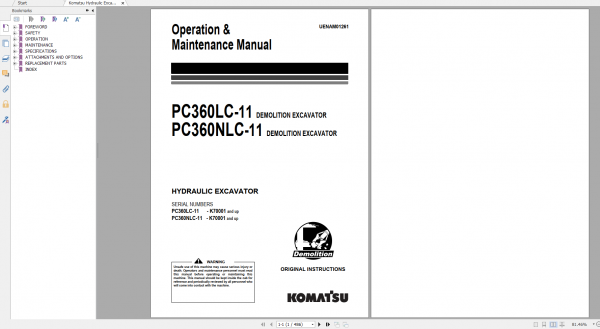 Komatsu Hydraulic Excavator PC360LC 11 PC360NLC 11 Operation Maintenance Manual UENAM01261 2016