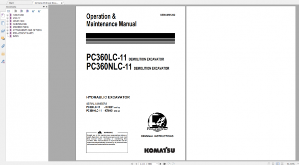 Komatsu Hydraulic Excavator PC360LC 11 PC360NLC 11 Operation Maintenance Manual UENAM01262 2016