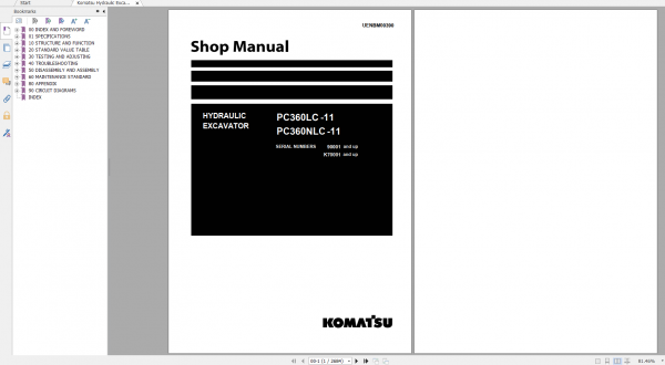 Komatsu Hydraulic Excavator PC360LC 11 PC360NLC 11 Shop Manual UENBM00390 2016