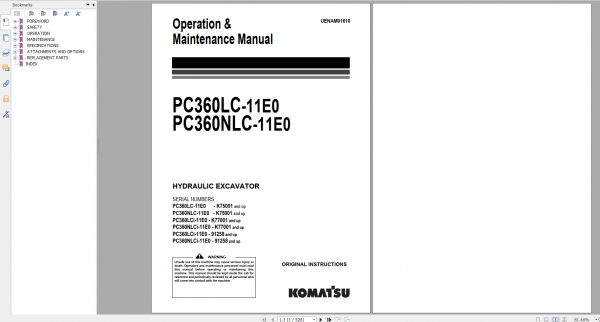 Komatsu Hydraulic Excavator PC360LC 11E0 PC360NLC 11E0 Operation Maintenance Manual UENAM01610 2018