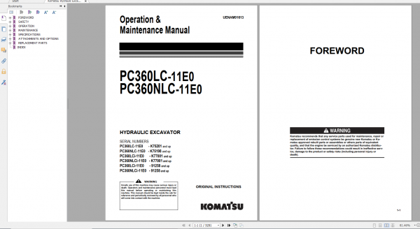 Komatsu Hydraulic Excavator PC360LC 11E0 PC360NLC 11E0 Operation Maintenance Manual UENAM01613 2020