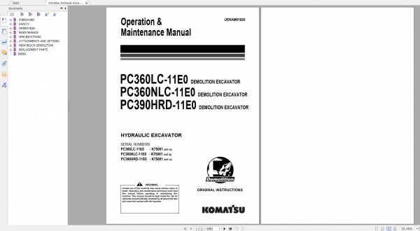 Komatsu Hydraulic Excavator PC360LC 11E0 PC360NLC 11E0 PC390HRD 11E0 Operation Maintenance Manual UENAM01620 2019