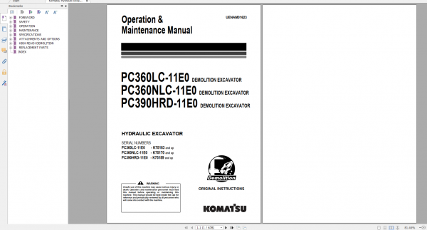 Komatsu Hydraulic Excavator PC360LC 11E0 PC360NLC 11E0 PC390HRD 11E0 Operation Maintenance Manual UENAM01623 2020