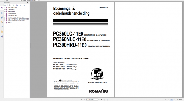 Komatsu Hydraulic Excavator PC360LC 11E0 PC360NLC 11E0 PC390HRD 11E0 Operation Maintenance Manual UNLAM01620 2019