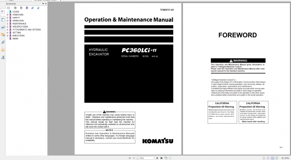 Komatsu Hydraulic Excavator PC360LCi 11 Operation Maintenance Manual TEN00751 00 2016