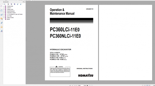 Komatsu Hydraulic Excavator PC360LCi 11E0 PC360NLCi 11E0 Operation Maintenance Manual UENAM01701 2020
