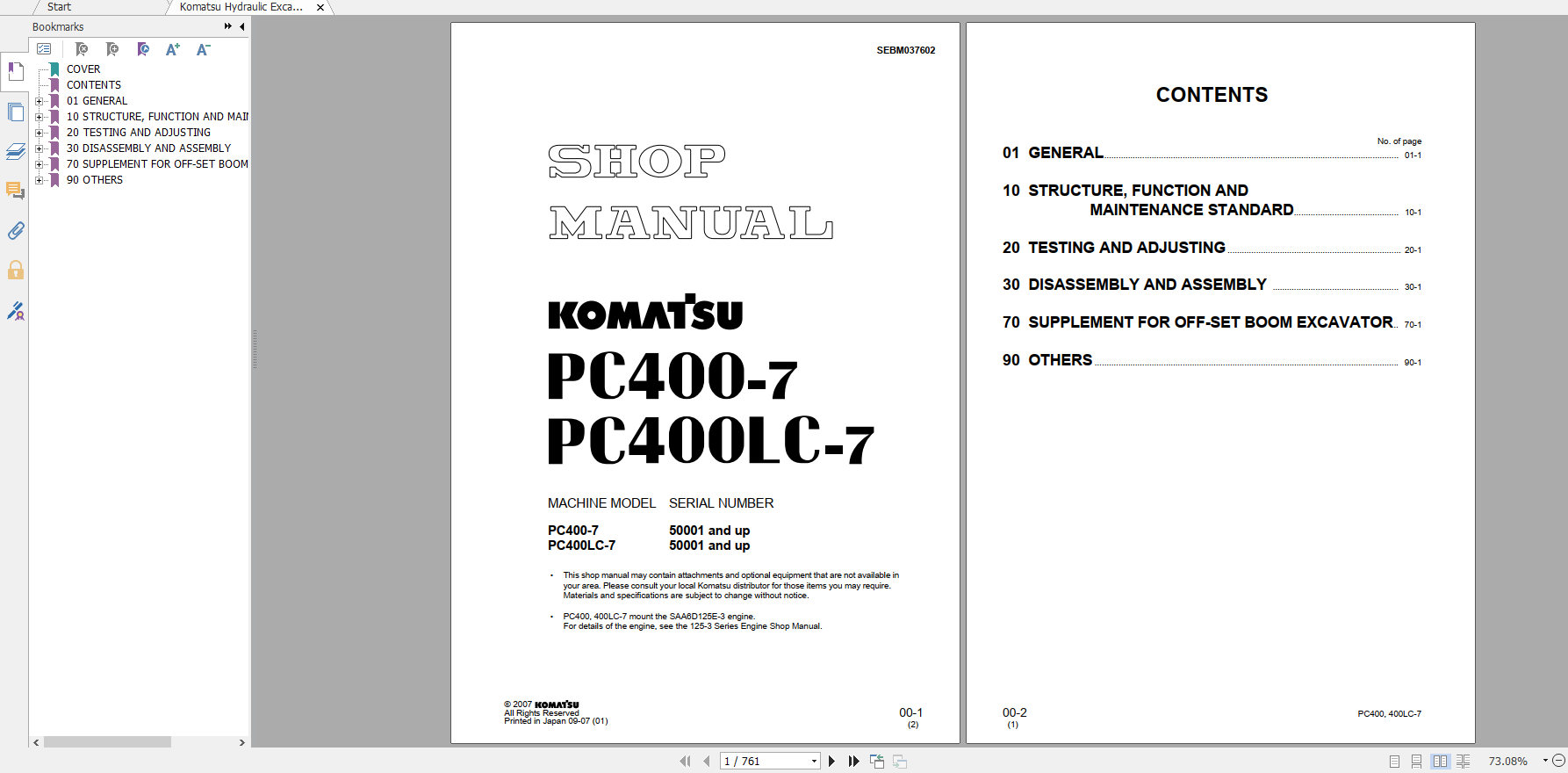 Komatsu Hydraulic Excavator PC400 7 PC400LC 7 Shop Manual SEBM037602 2007