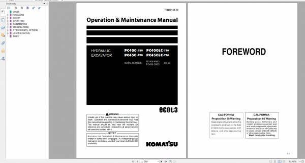 Komatsu Hydraulic Excavator PC400 7E0 PC400LC 7E0 PC450 7E0 PC450LC 7E0 Operation Maintenance Manual TEN00130 10 2009