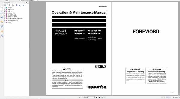 Komatsu Hydraulic Excavator PC400 7E0 PC400LC 7E0 PC450 7E0 PC450LC 7E0 Operation Maintenance Manual TEN00142 08 2009