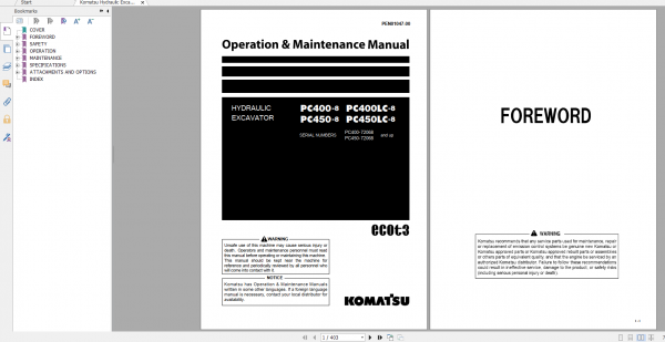 Komatsu Hydraulic Excavator PC400 8 PC400LC 8 PC450 8 PC450LC 8 Operation Maintenance Manual PEN01047 00 2017