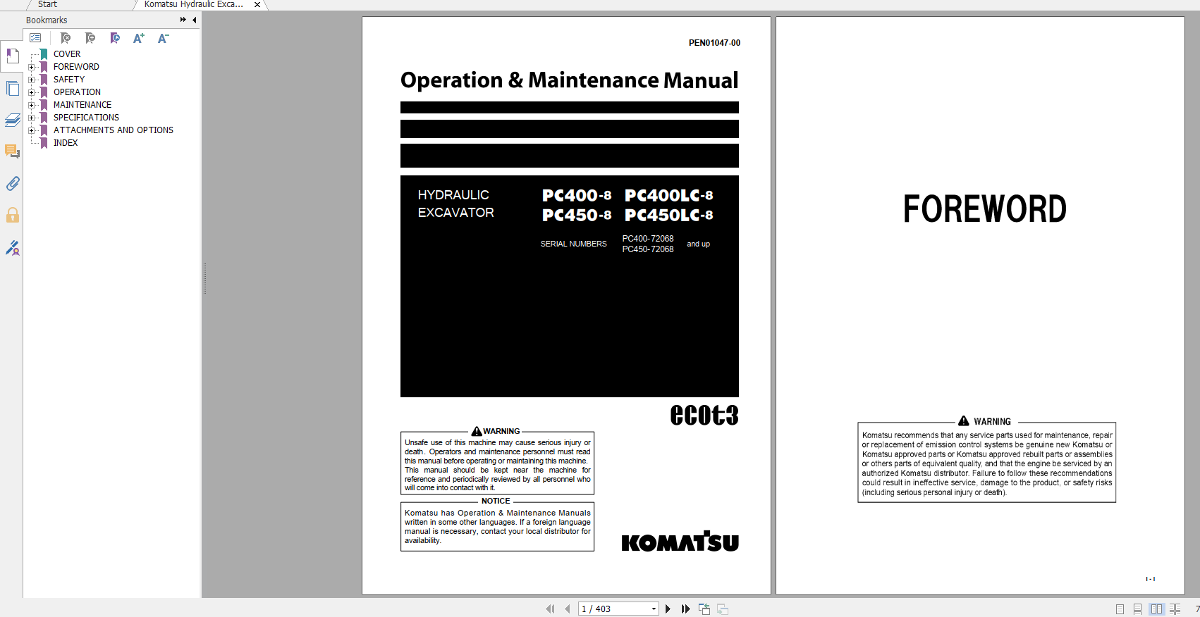 Komatsu Hydraulic Excavator PC400 8 PC400LC 8 PC450 8 PC450LC 8 Operation Maintenance Manual PEN01047 00 2017