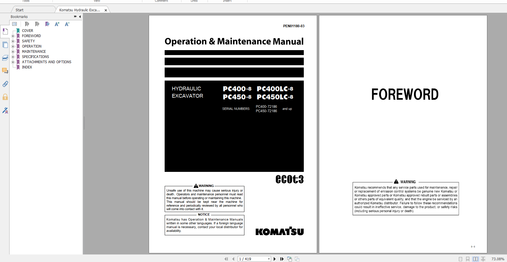 Komatsu Hydraulic Excavator PC400 8 PC400LC 8 PC450 8 PC450LC 8 Operation Maintenance Manual PEN01180 03 2020
