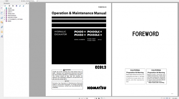 Komatsu Hydraulic Excavator PC400 8 PC400LC 8 PC450 8 PC450LC 8 Operation Maintenance Manual TEN00184 03 2009