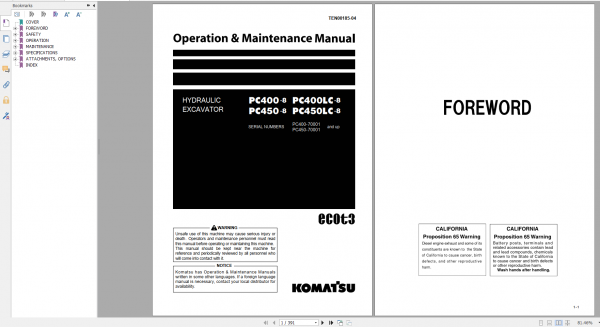 Komatsu Hydraulic Excavator PC400 8 PC400LC 8 PC450 8 PC450LC 8 Operation Maintenance Manual TEN00185 04 2009