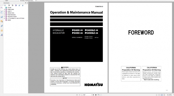 Komatsu Hydraulic Excavator PC400 8R PC400LC 8R PC450 8R PC450LC 8R Operation Maintenance Manual TEN00789 03 2019